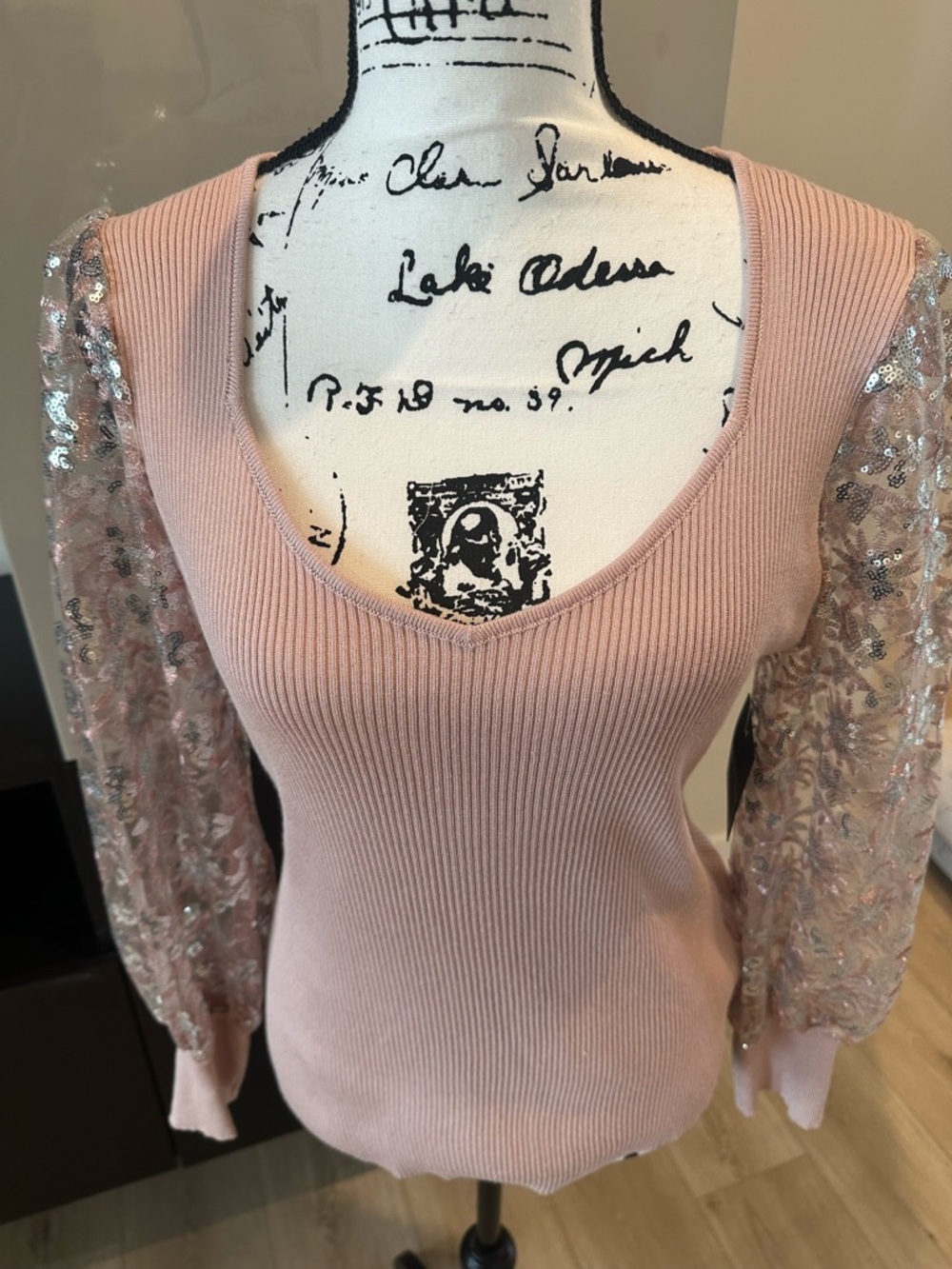 Absolutely Famous Blush Pink V-Neck Sweater with Sheer Floral Sleeves - Picture 6 of 10